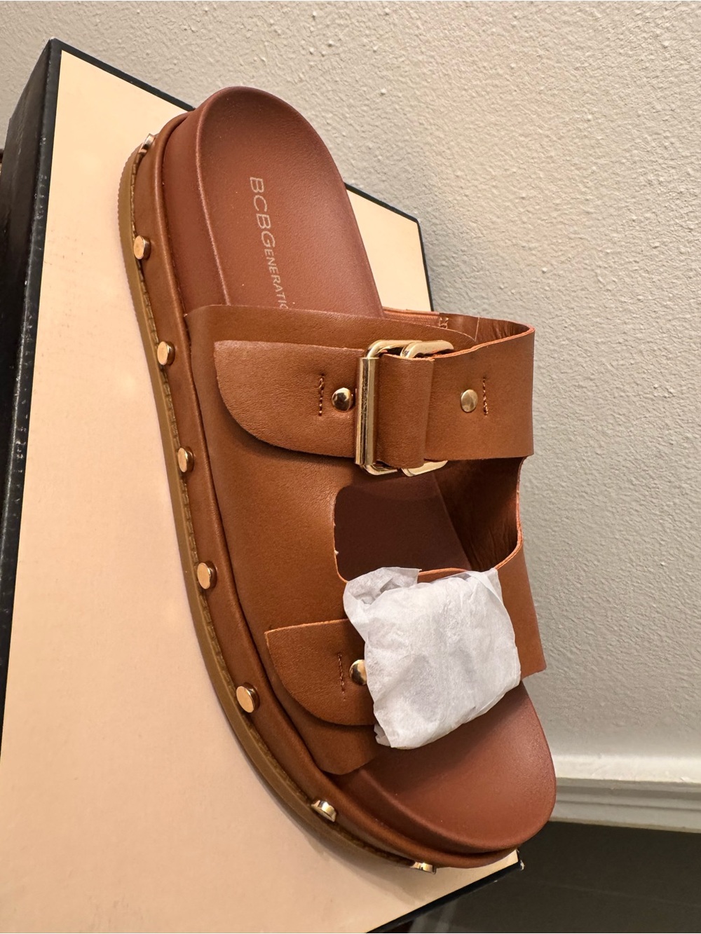 BCBGeneration Men’s Tan Leather Slide Sandals with Gold Hardware